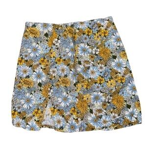 Urban Outfitters Notched Linen Blend Mini Skirt Blue, Yellow, White Flowers (S)